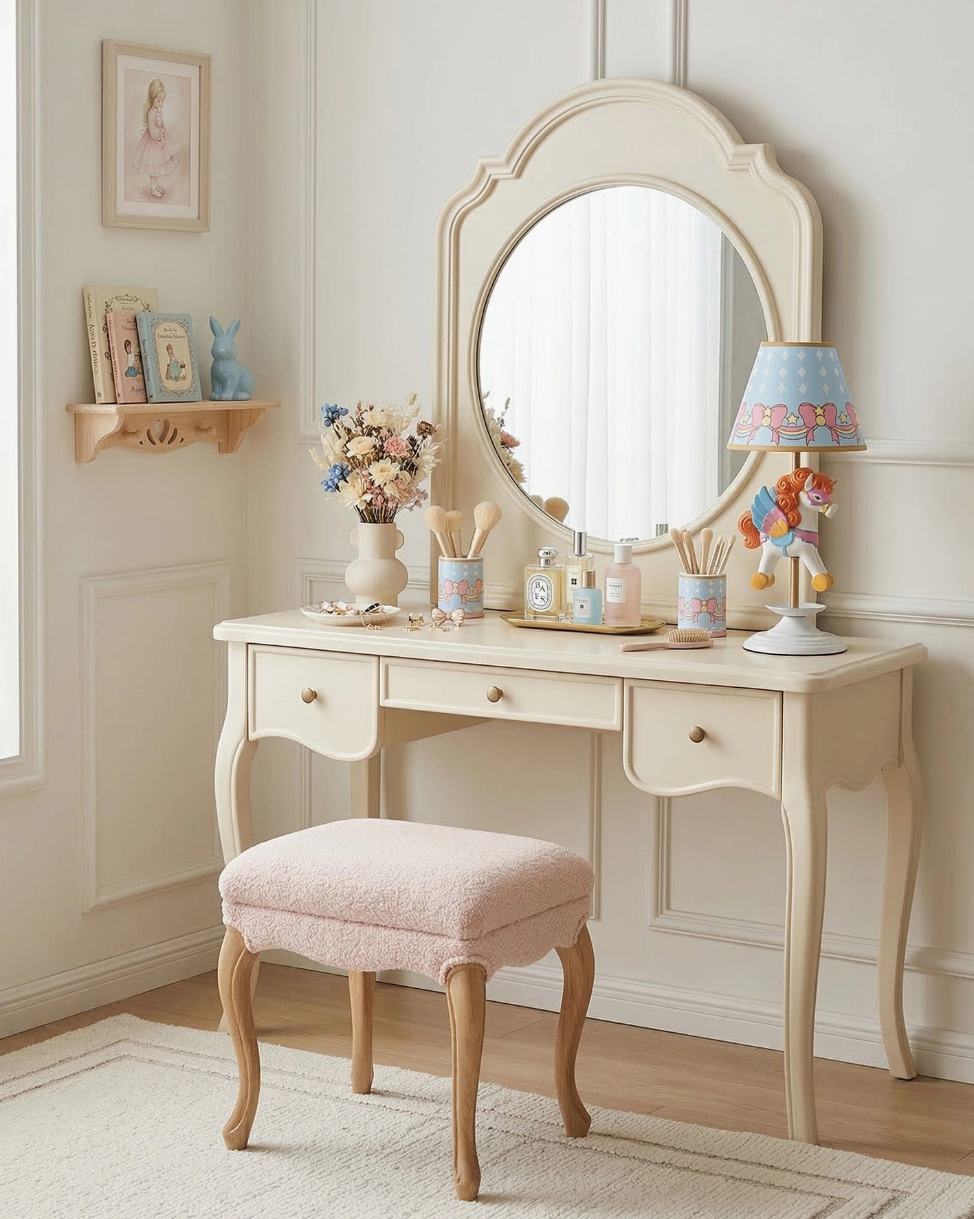 Decorative unicorn lamp matching cream vanity and pink stool in princess-themed kids dressing area