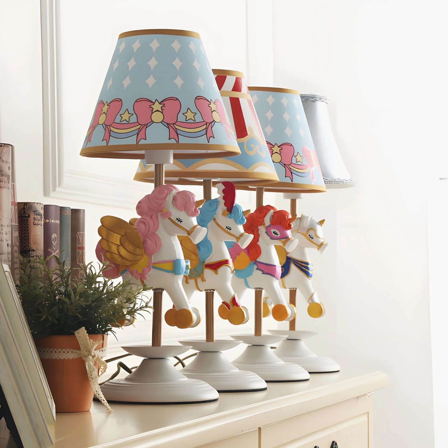 Unicorn kids table lamp with E14 socket and push-button switch mechanism for easy operation