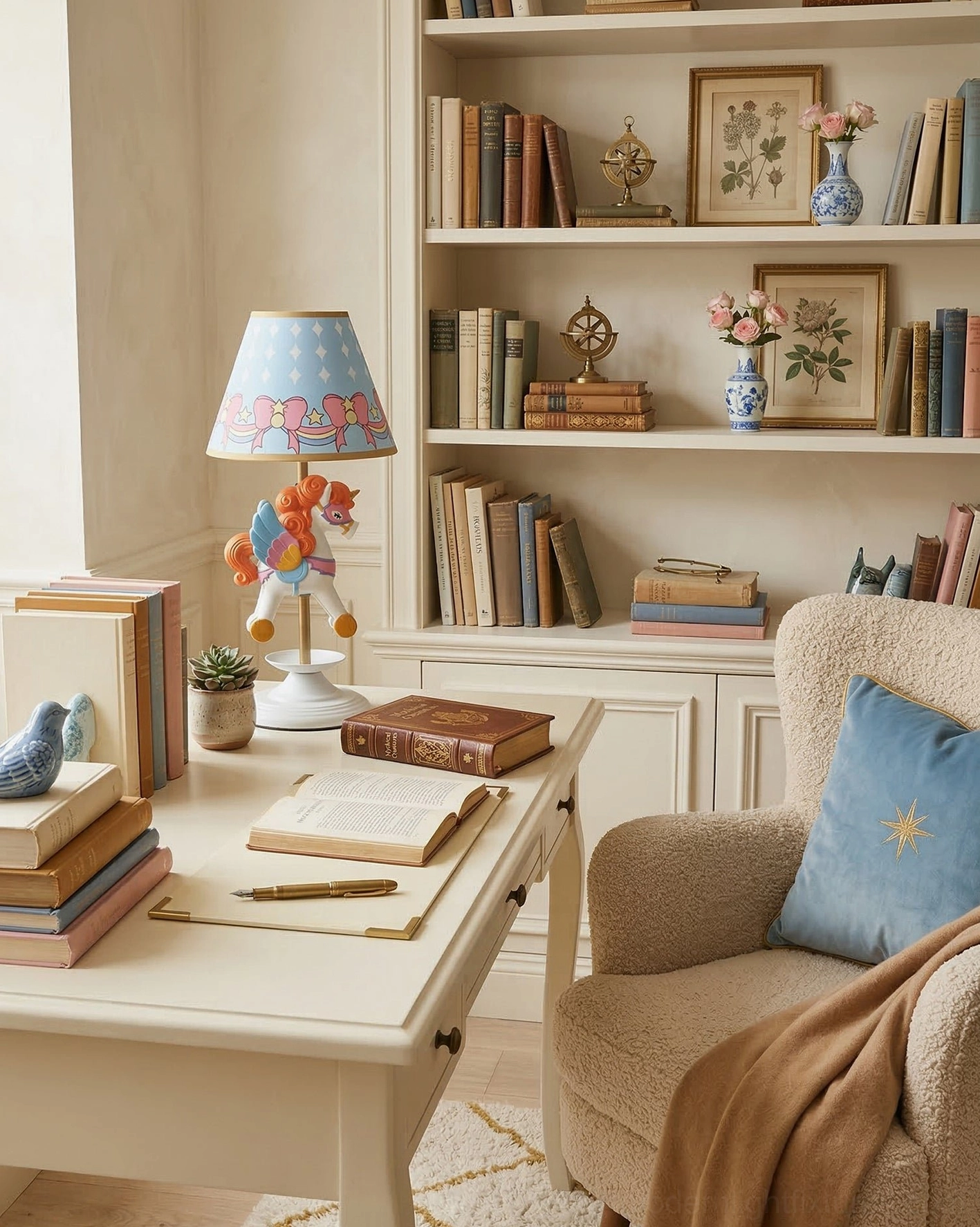 Sculptural unicorn carousel lamp beside bookshelves and armchair in cream study room for reading nook