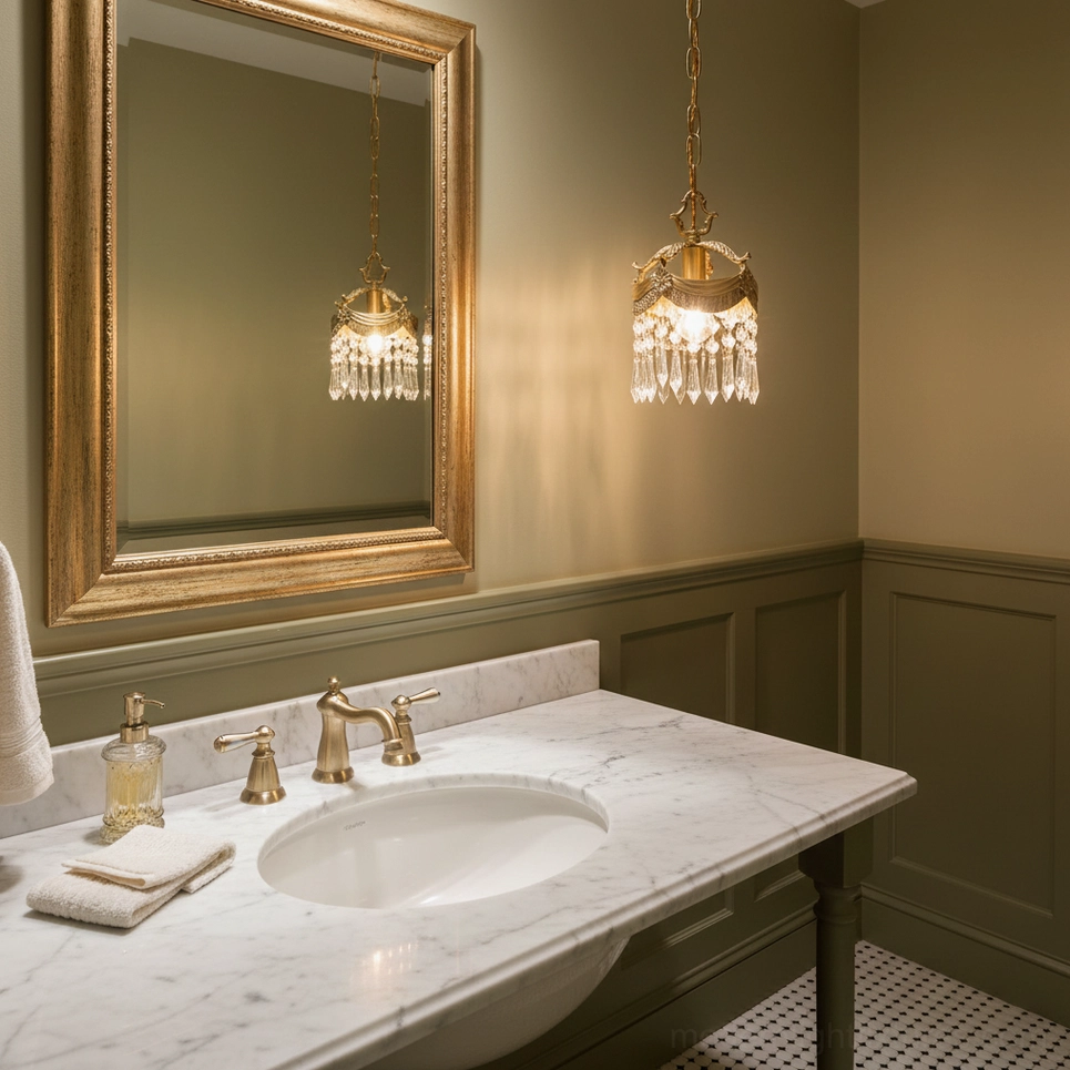 Vacarro crystal pendant lamp in luxury bathroom vanity with gold mirror - European style