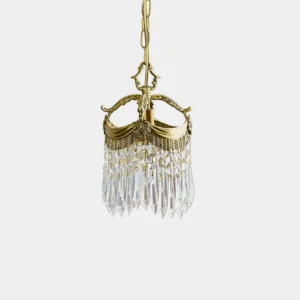 Vacarro brass crystal pendant light with faceted crystal droplets - front studio view