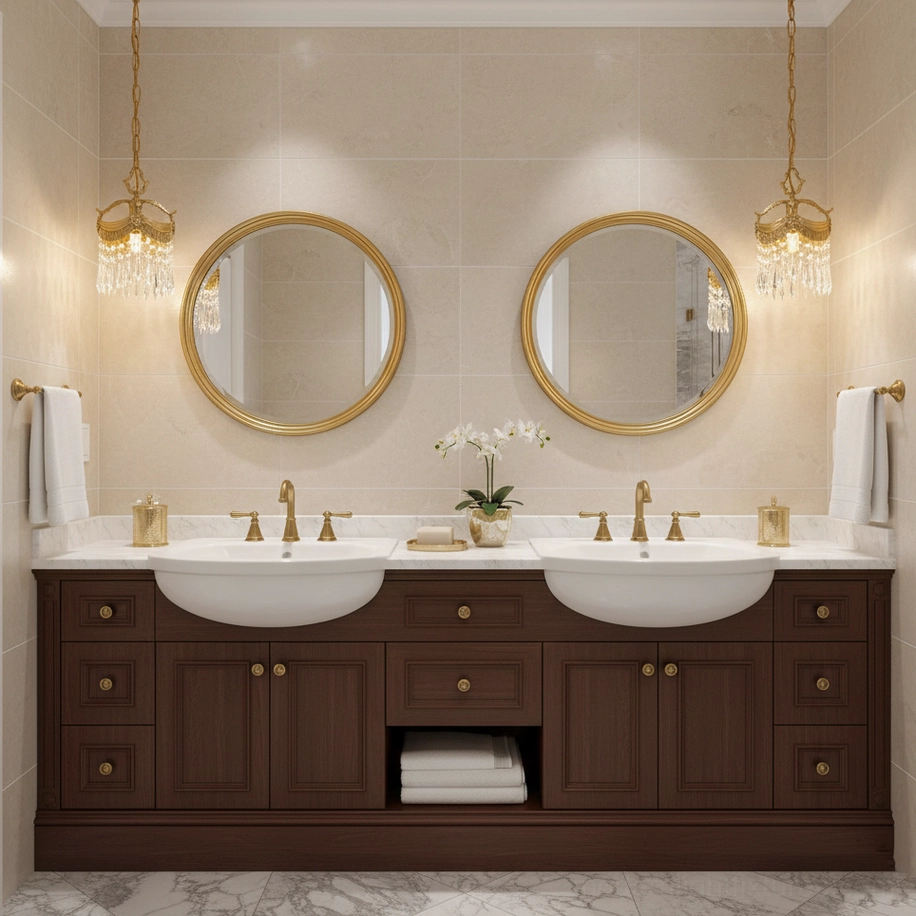 Pair of Vacarro crystal pendant lights in elegant double vanity bathroom - vintage luxury