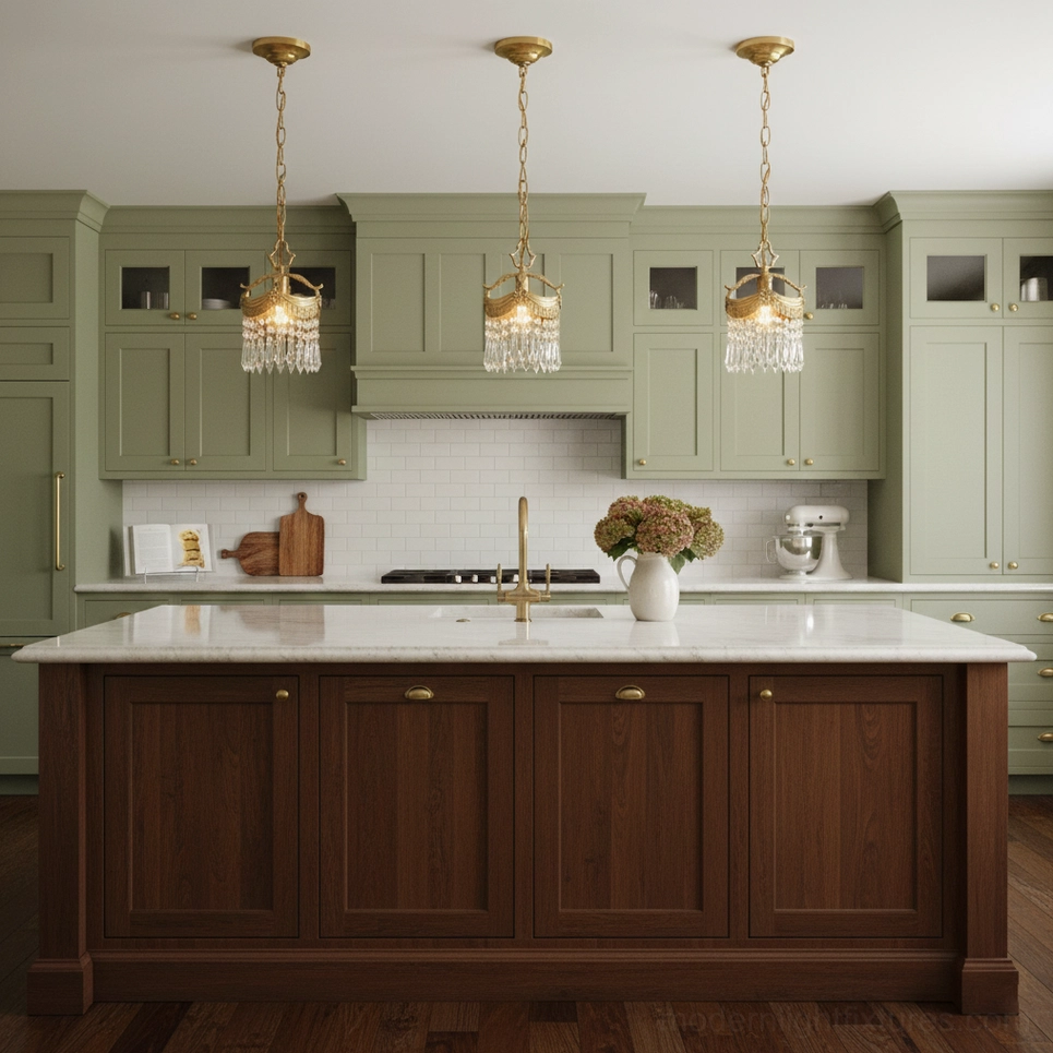 Three Vacarro brass crystal pendant lights over green kitchen island - farmhouse design