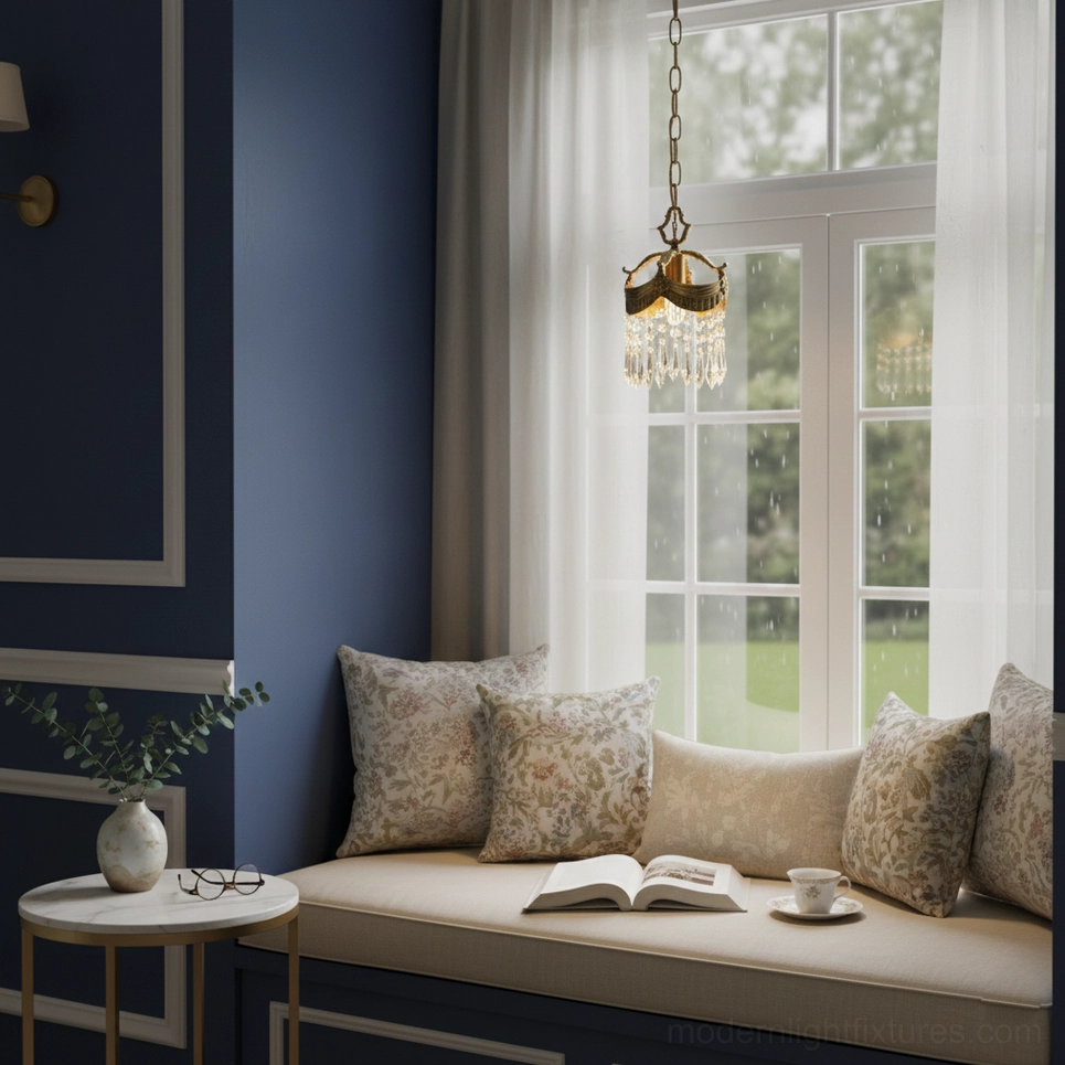 Vacarro brass pendant light with crystal shade - side angle product view