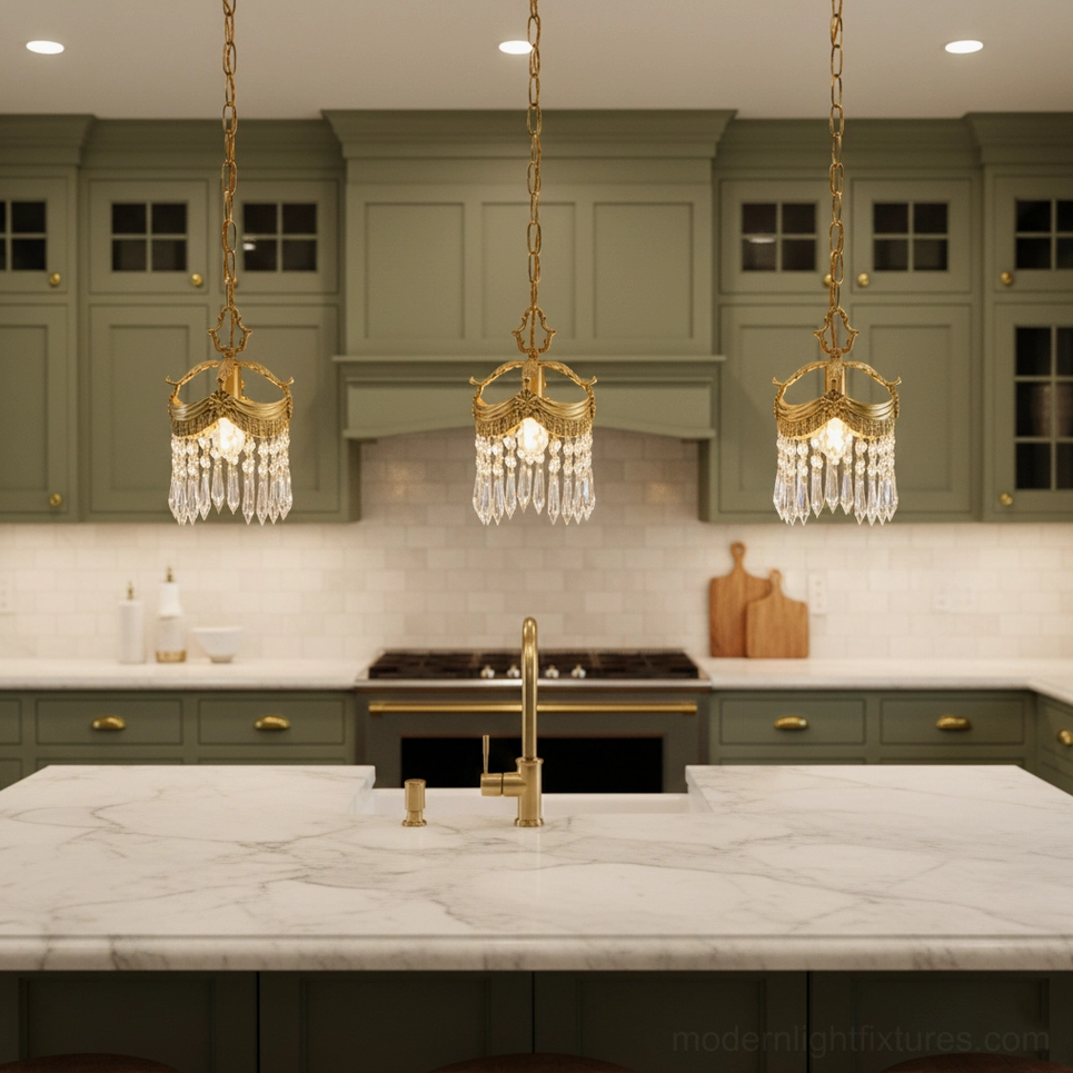Multiple Vacarro crystal pendant chandeliers in modern farmhouse kitchen with warm lighting