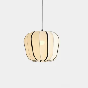 Valen modern fabric pendant light with ribbed off-white shade and black trim, front close-up studio view