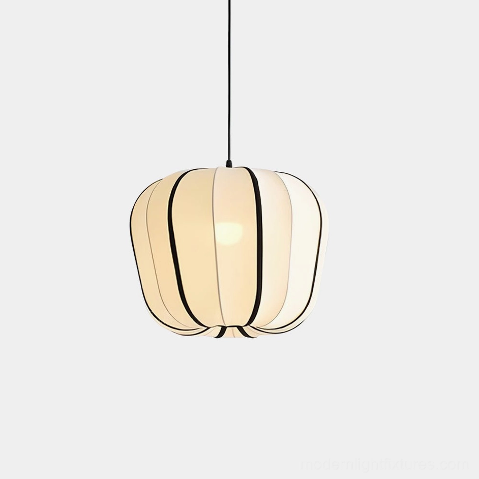 Valen modern fabric pendant light with ribbed off-white shade and black trim, front close-up studio view