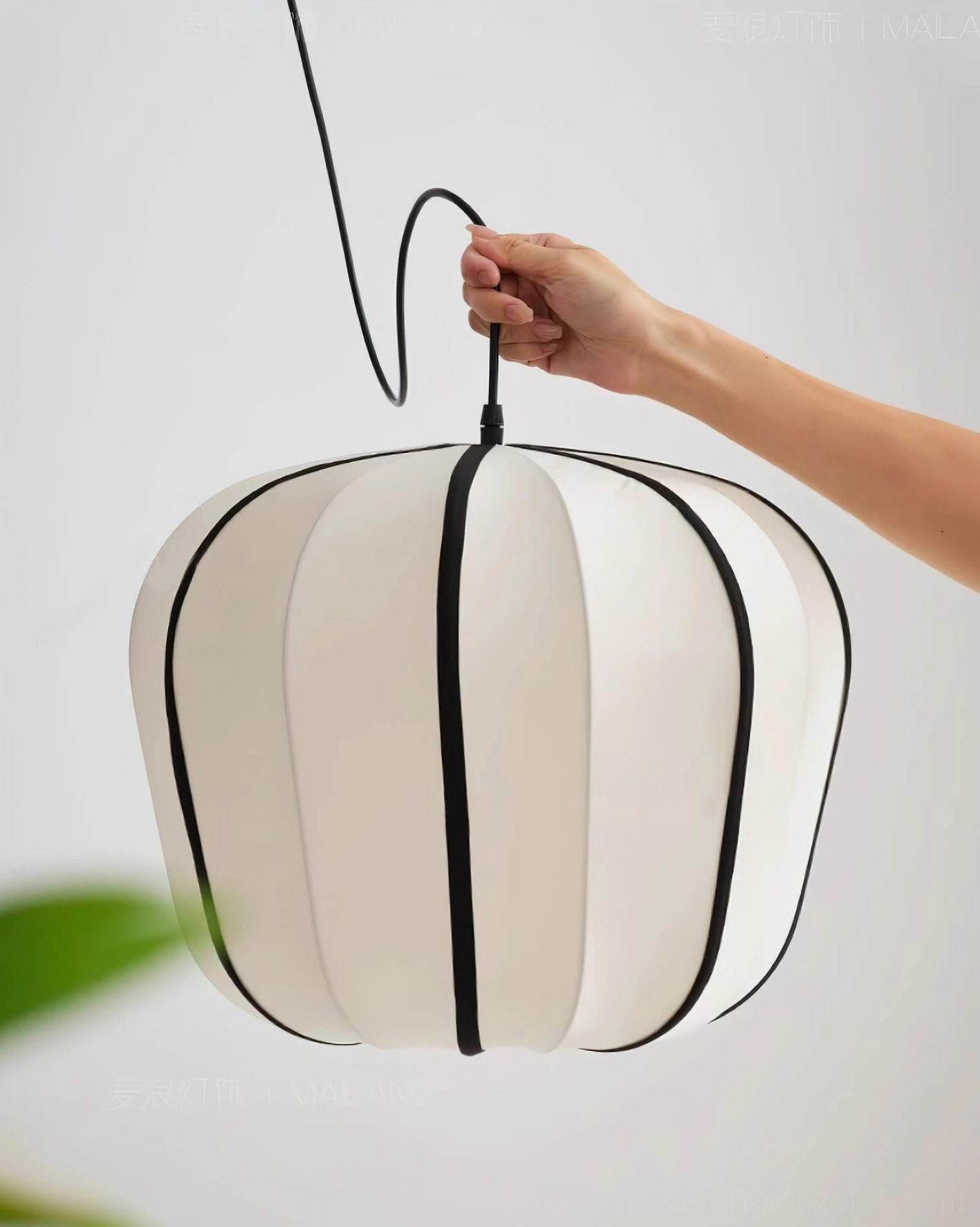 Valen fabric pendant lamp side profile close-up showing ribbed texture and black trim detail