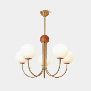 Valentina 5-head spherical chandelier with brass frame and frosted white glass globes, front view studio shot