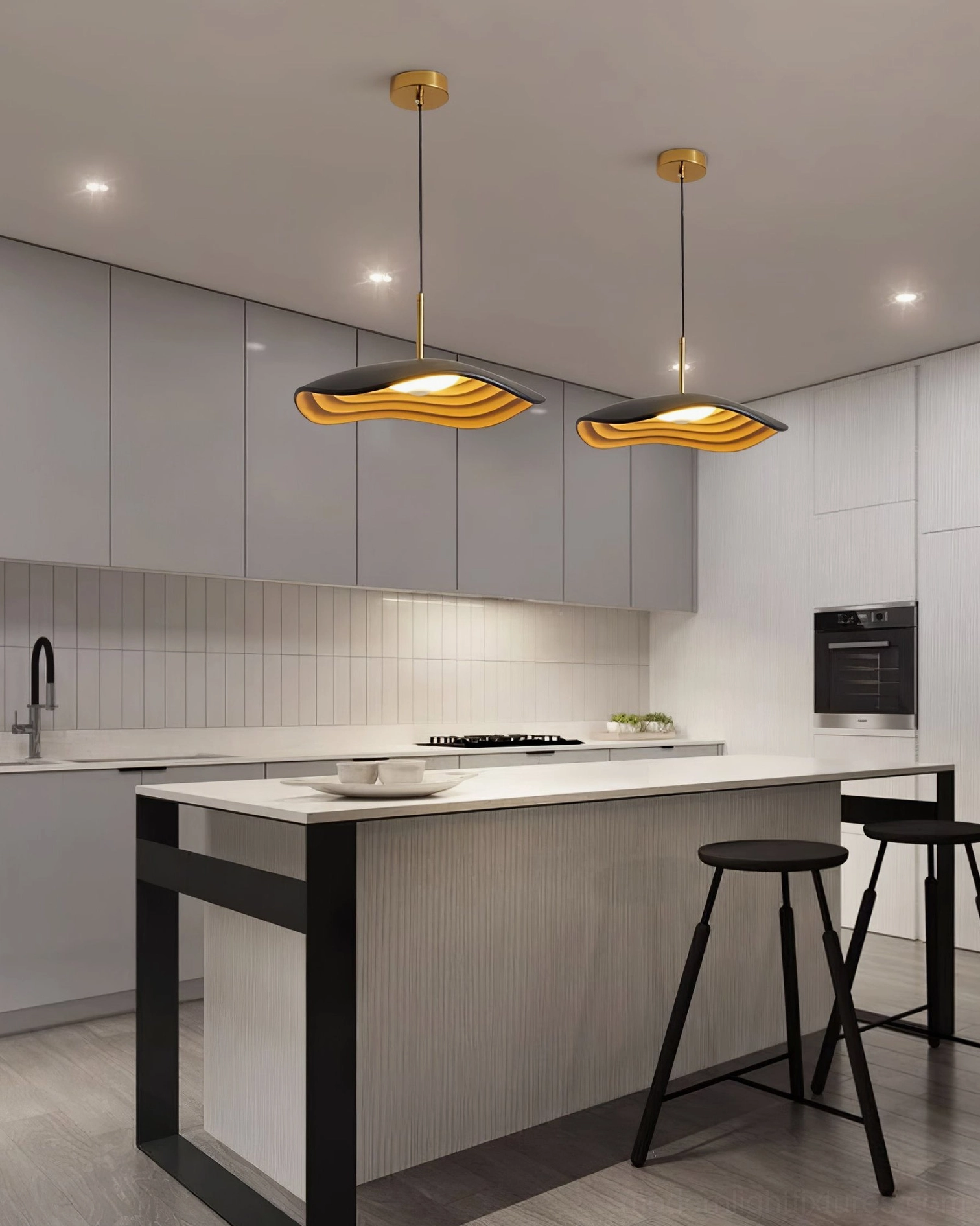Valentina wavy pendant light fixture detail view showing metal acrylic construction and suspension mechanism