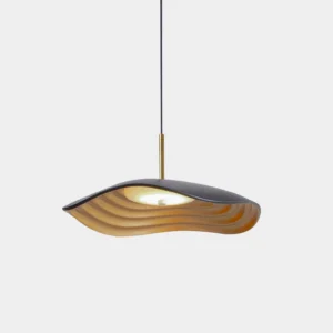 Valentina wavy disc pendant light with dark finish and warm wood inner texture suspended by brass rod against white background