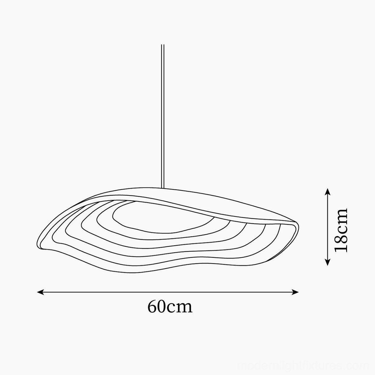 Technical line drawing blueprint of Valentina wavy pendant light showing 60cm width and 18cm height dimensions