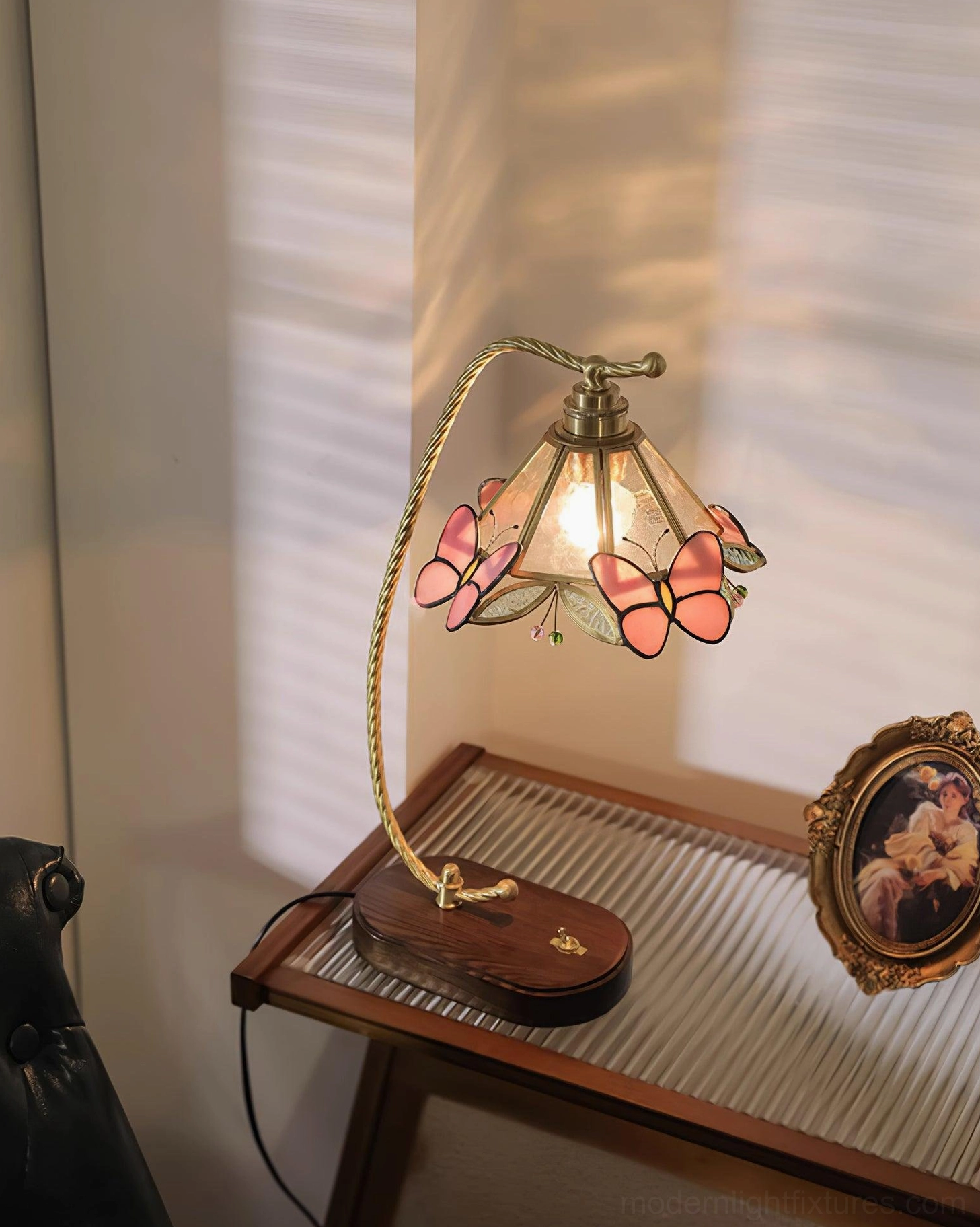 Valerie Butterfly brass curved arm and fabric shade detail showing butterfly decoration and quality brass finish on vintage table lamp