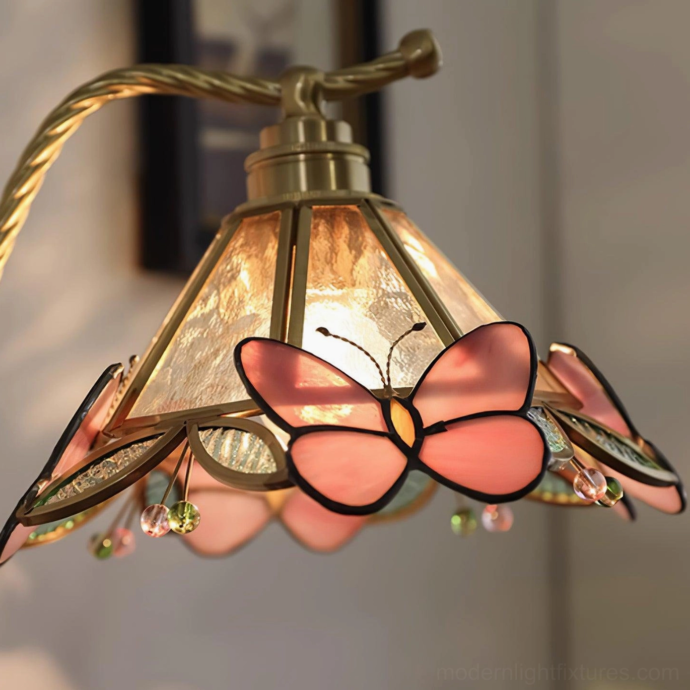 Valerie Butterfly vintage table lamp assembled on desk environment showing complete vintage decorative aesthetic and warm lighting effect