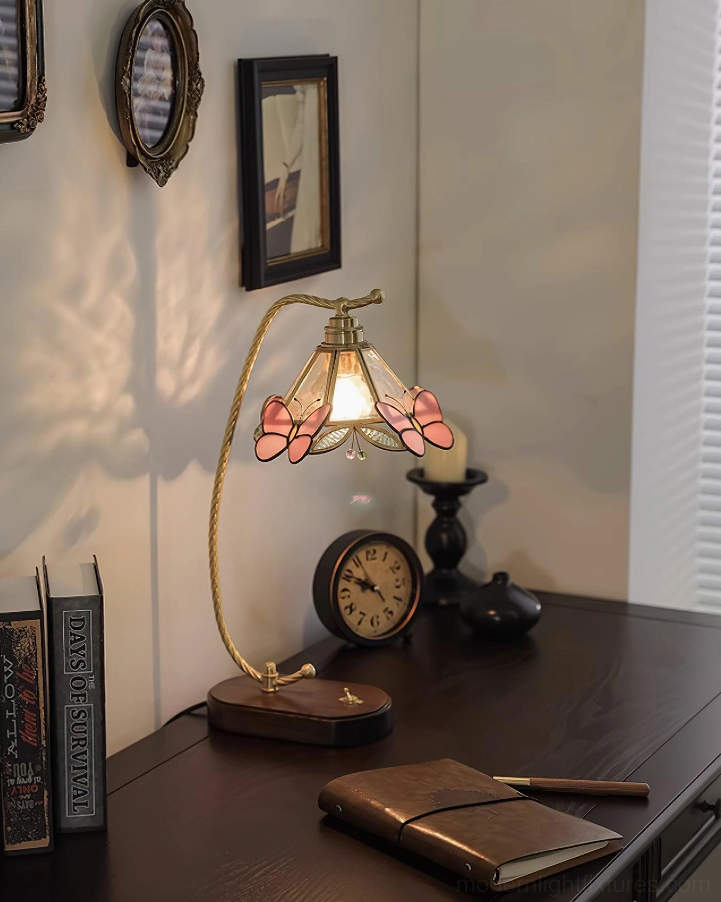Full-length side view of Valerie Butterfly decorative table lamp showing proportions and walnut base with brass curved arm structure