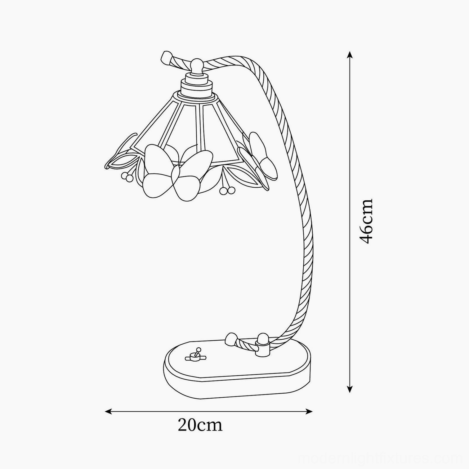 Technical line drawing of Valerie Butterfly vintage table lamp showing orthographic front view with dimension measurements 46cm height and 20cm diameter