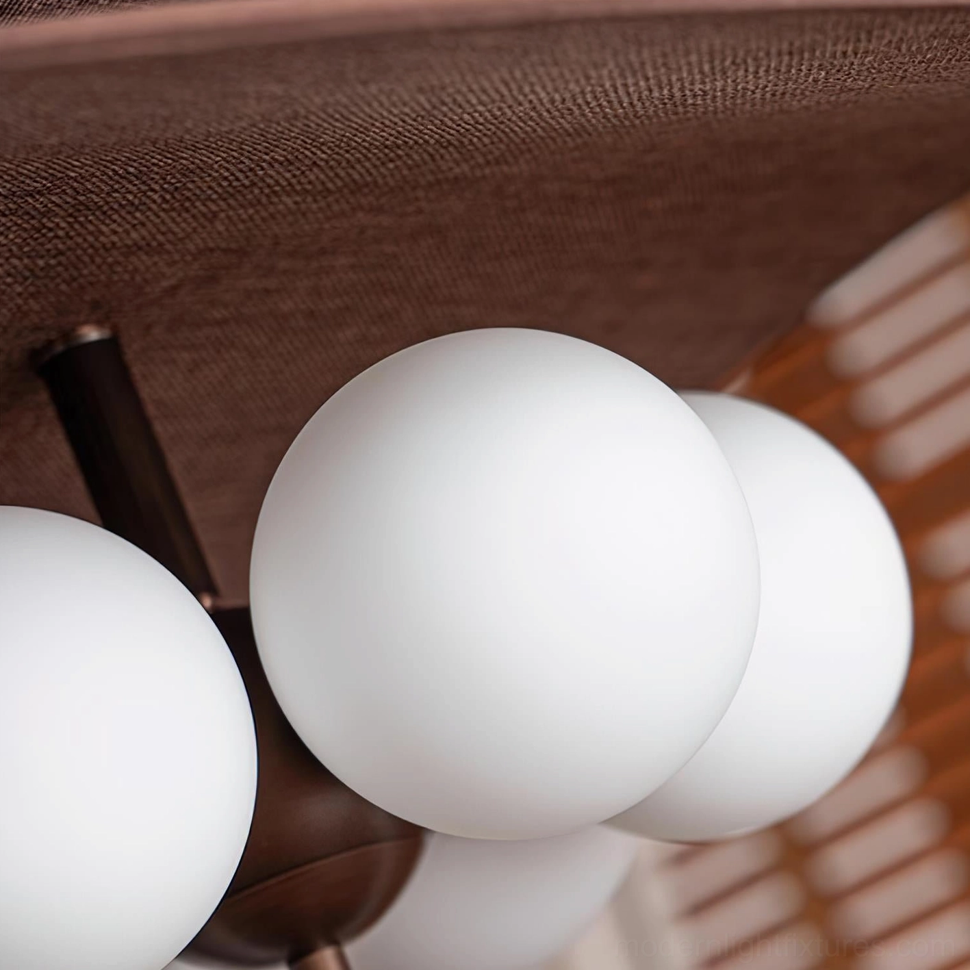 Valmorra semi-flush ceiling lamp showing complete fixture composition, layered shade construction, frosted globe bulb arrangement, design proportions