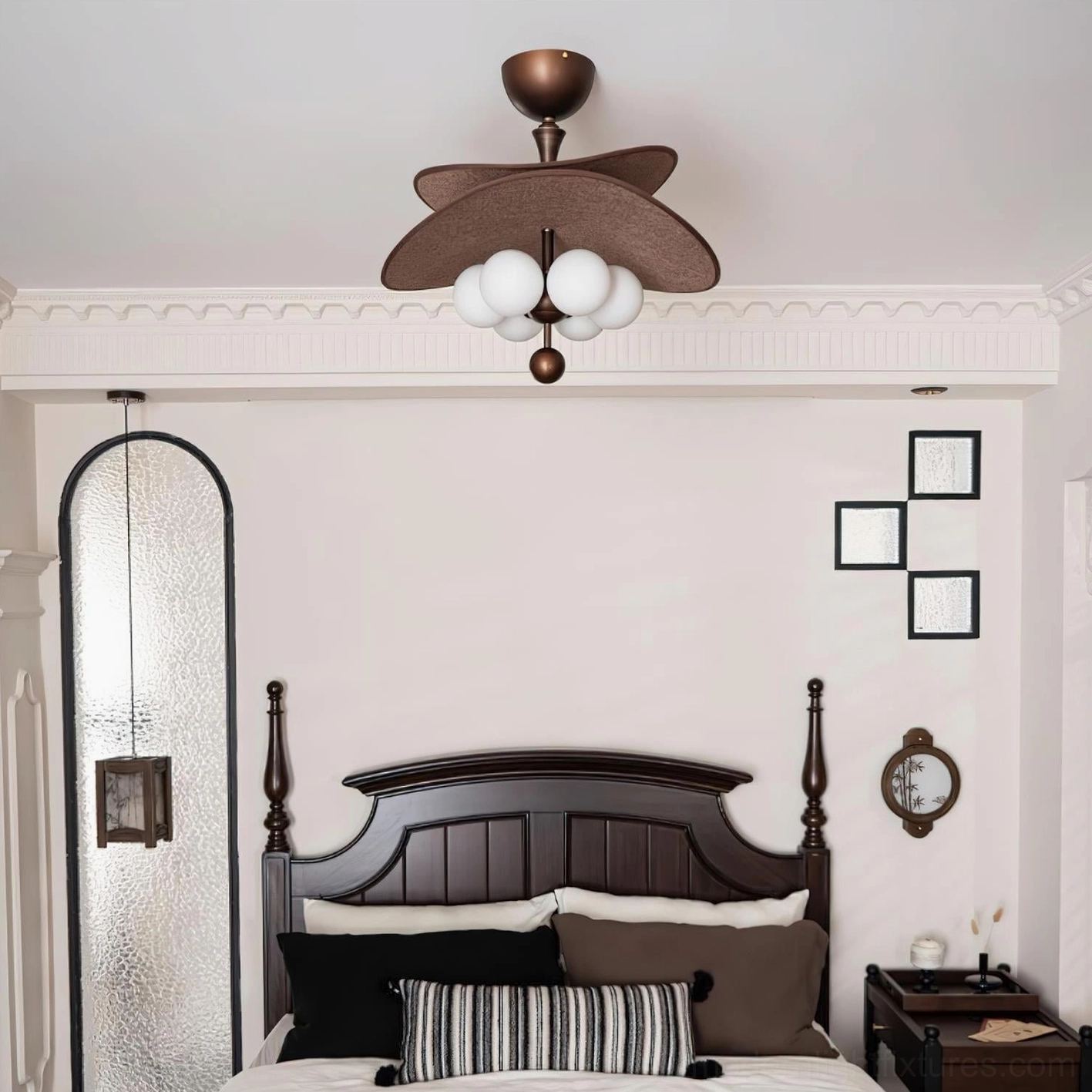 Valmorra semi-flush ceiling lamp overhead view in master bedroom with dark wood bed frame, white globe bulbs, brown fabric shades, modern installation