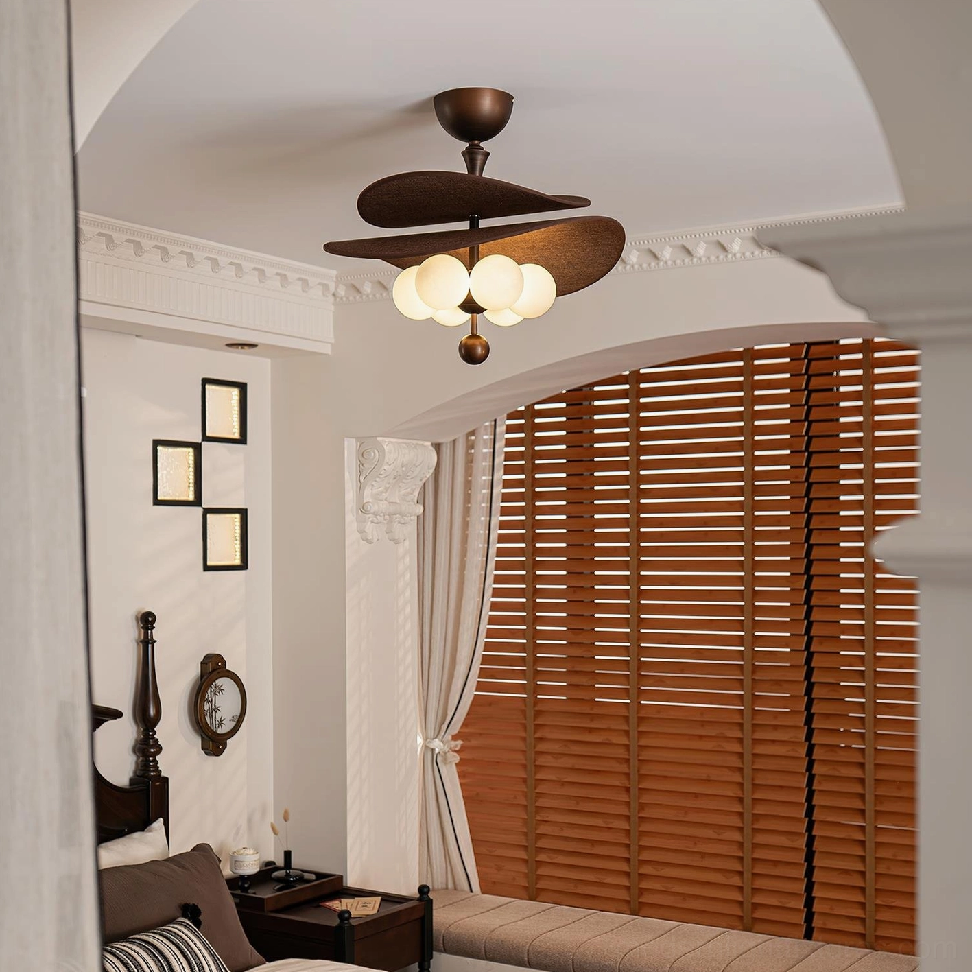Valmorra semi-flush ceiling light fixture overhead view in classic bedroom, vintage style with brown fabric shades, frosted glass bulbs, wooden window shutters