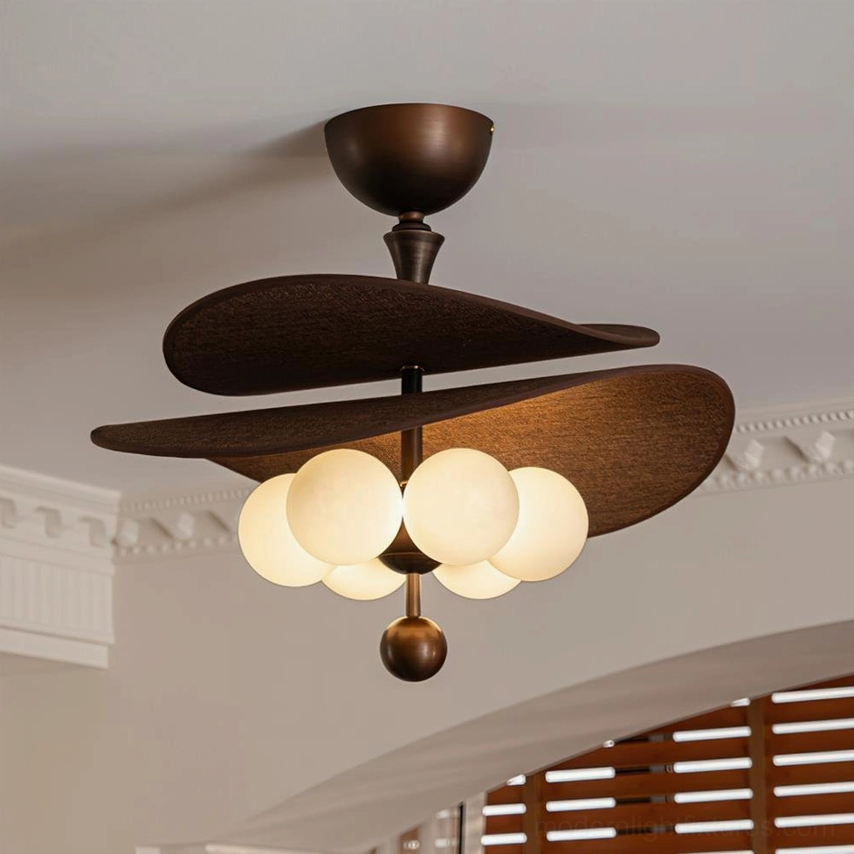 Valmorra ceiling lamp in bedroom with wooden window shutters, warm glowing globe bulbs, layered brown fabric shades, vintage rustic aesthetic