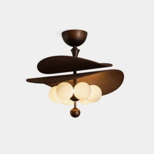 Valmorra mid-century modern semi-flush ceiling light fixture with layered brown fabric shades and frosted glass globe bulbs, bronze hardware, front studio view