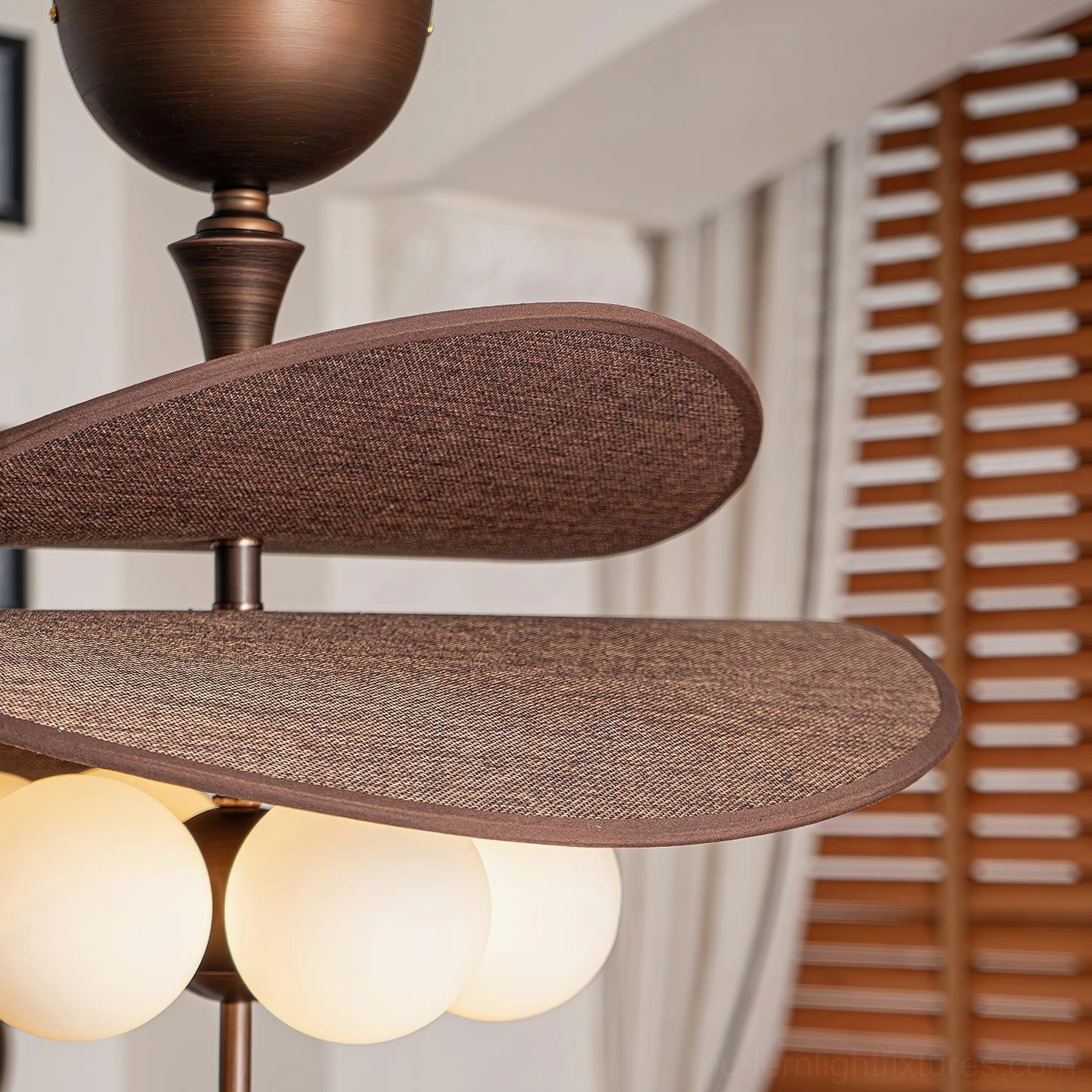 Valmorra mid-century modern ceiling light fixture detailed product photography highlighting fabric texture, glass quality, bronze components