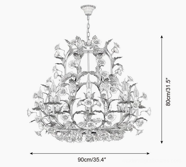 Technical line drawing of extra-large 10-head Valrosa chandelier displaying 90cm width 80cm height grand design