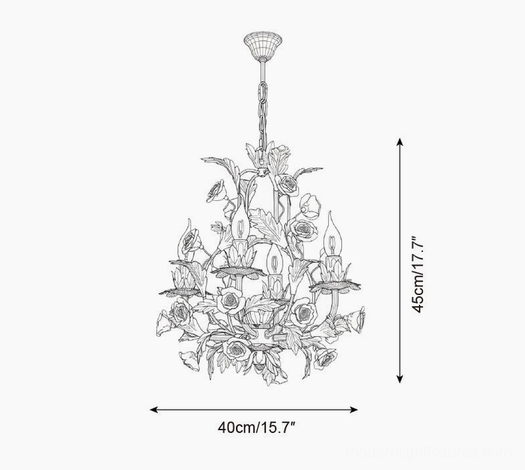Technical line drawing of 4-head Valrosa floral chandelier showing 40cm diameter and 45cm height specifications
