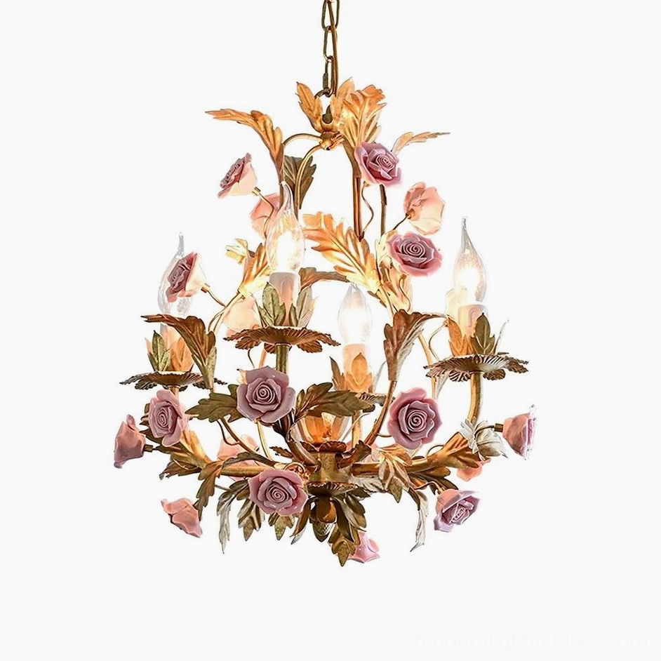 Compact 4-head Valrosa floral chandelier (40cm x 45cm) with delicate pink roses and golden metal design