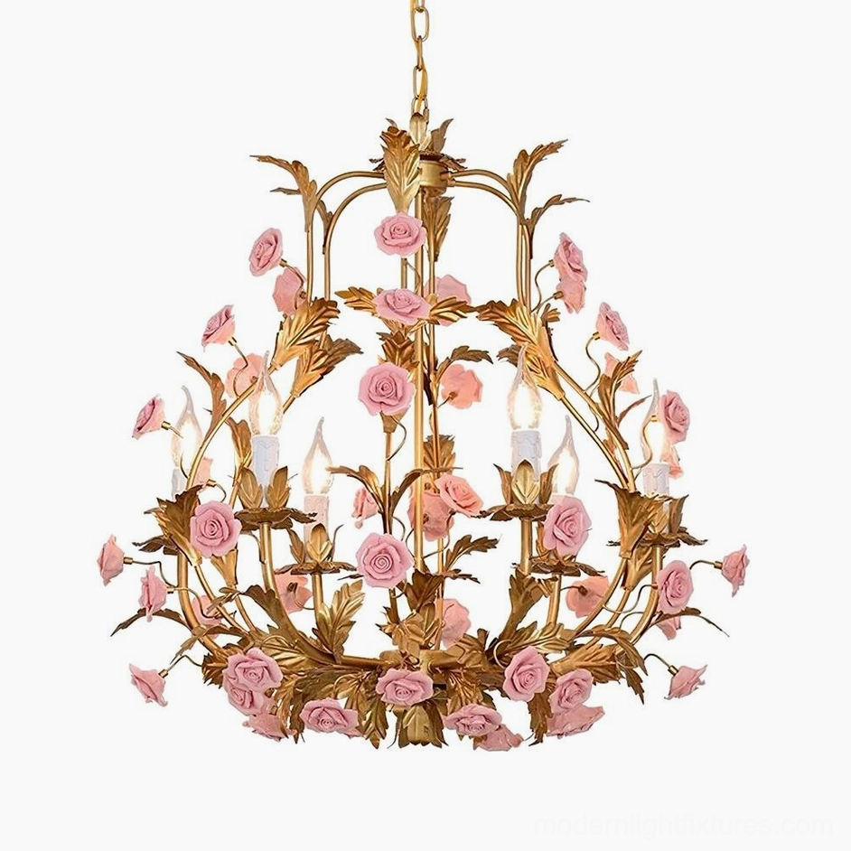 Mid-size 6-head Valrosa botanical chandelier (65cm x 66cm) combining romantic elegance with warm golden finish