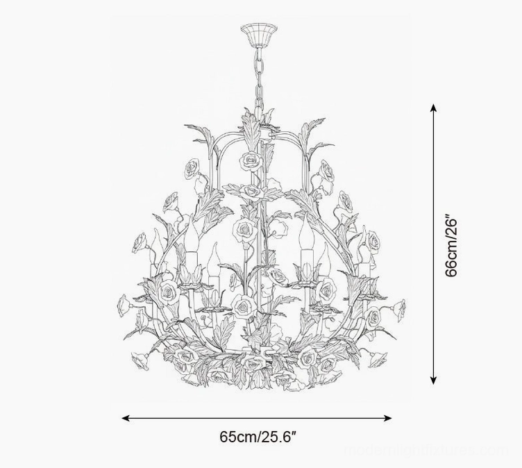 Technical line drawing of 6-head Valrosa botanical chandelier displaying 65cm width and 66cm height design blueprint
