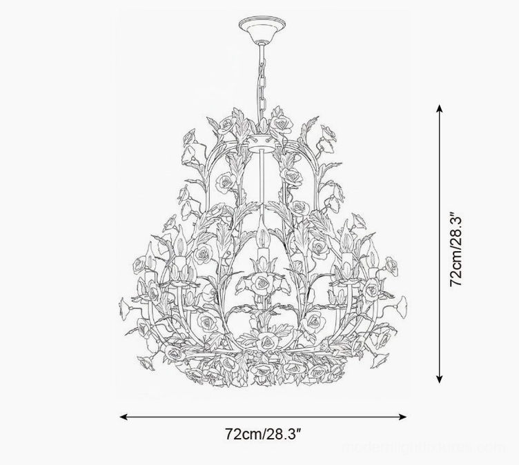 Technical line drawing of 8-head Valrosa floral chandelier showing symmetrical 72cm square dimensions and intricate frame