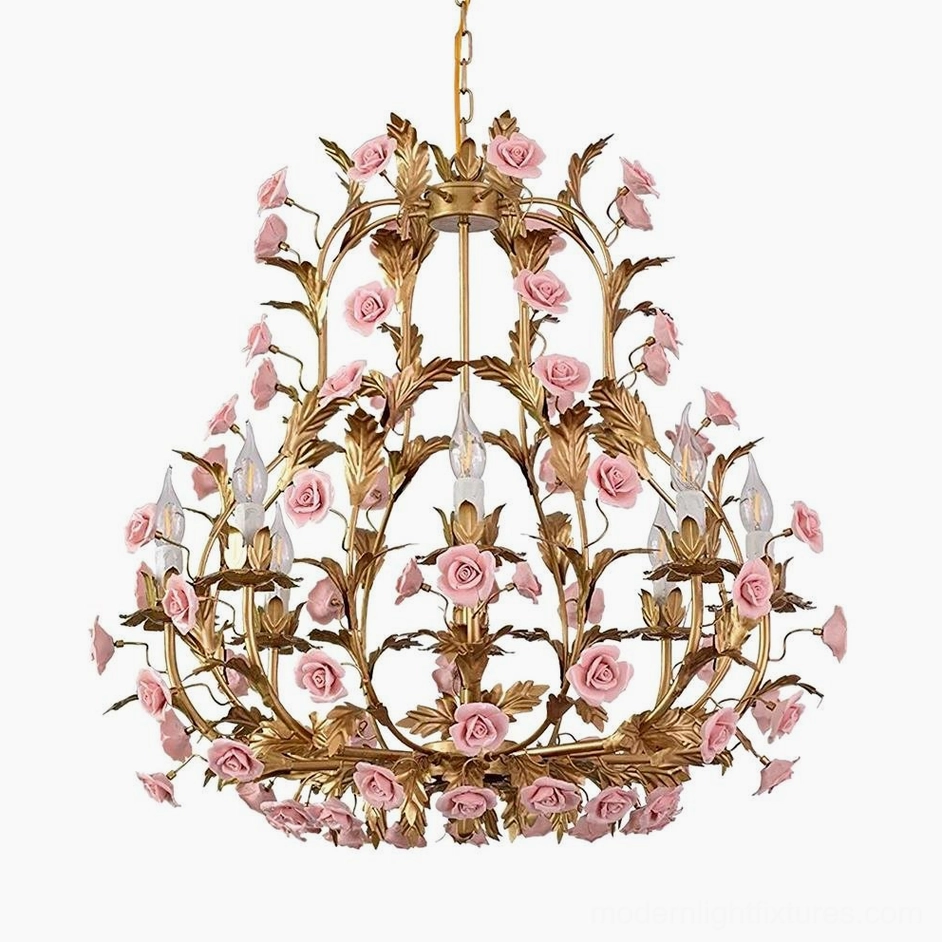 Standard 8-head Valrosa floral chandelier (72cm) displaying symmetrical botanical design with pink ceramic roses
