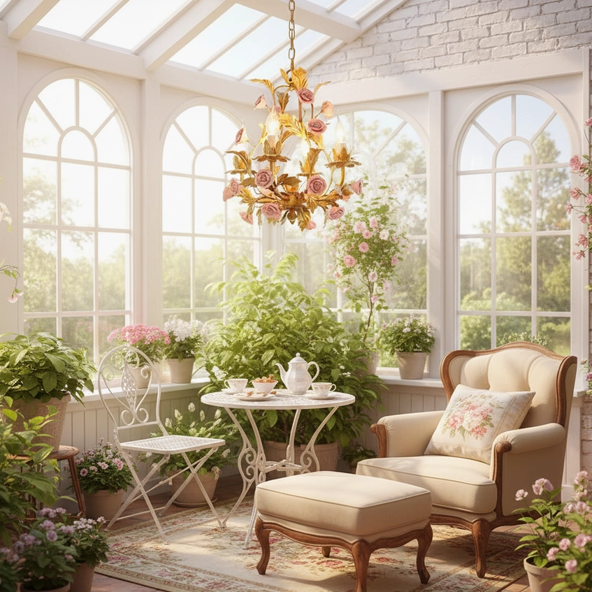 Valrosa pink and gold floral chandelier suspended in bedroom creating warm, intimate lighting atmosphere