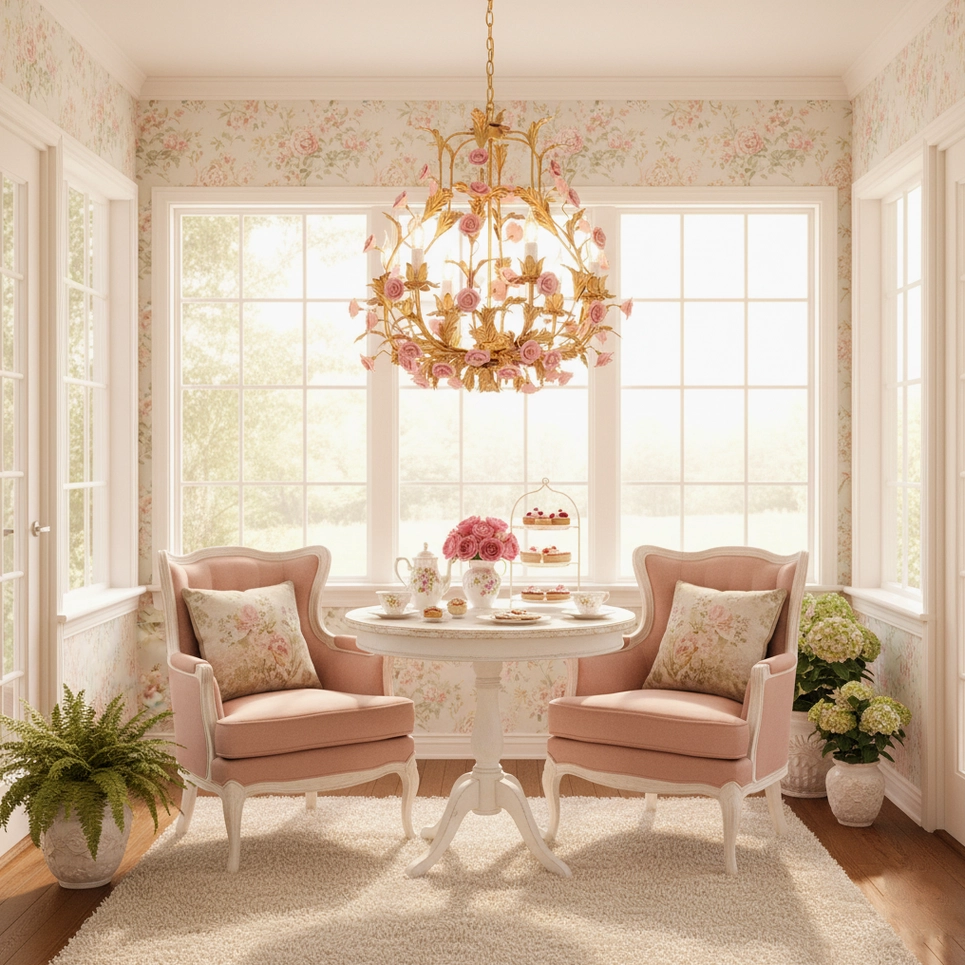 Golden botanical chandelier with pink ceramic roses creating romantic focal point in refined dining space