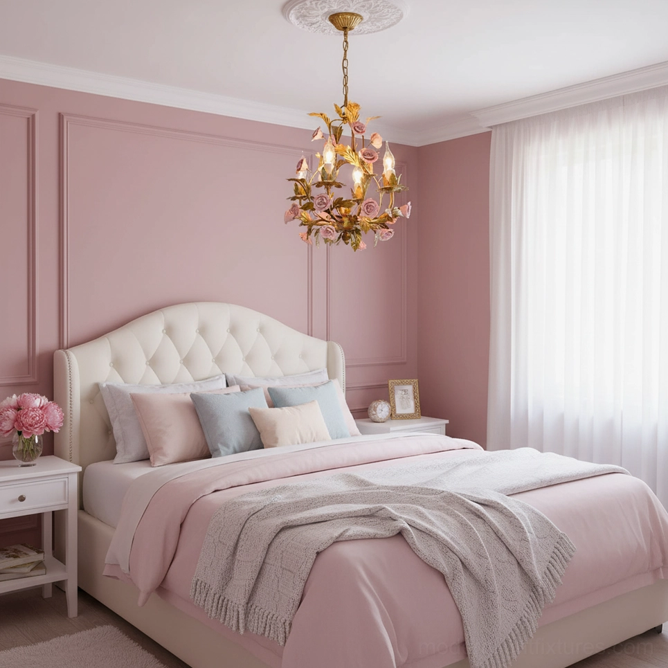 Elegant Valrosa chandelier with candle-style lights glowing among delicate pink floral ceramic embellishments