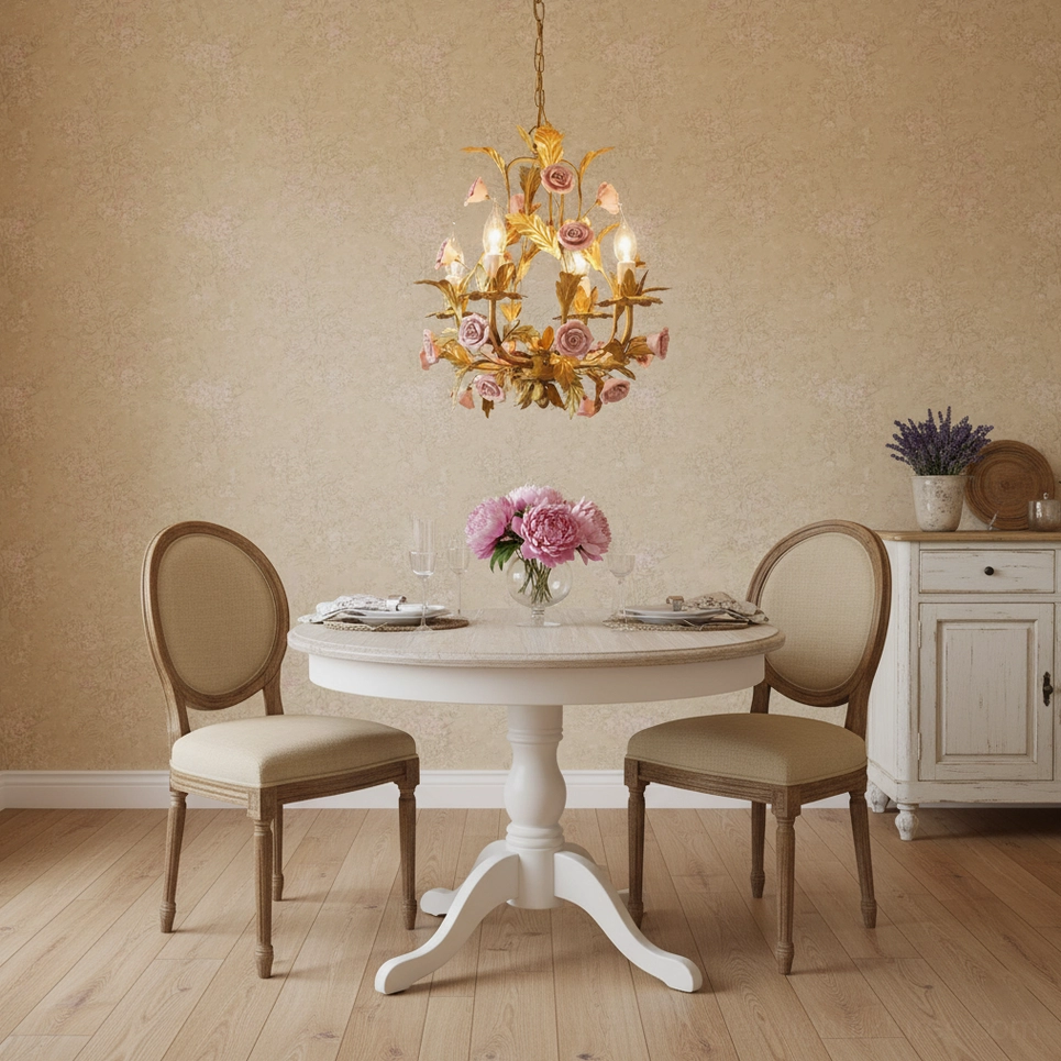 Valrosa floral chandelier illuminating casual French countryside dining room with warm botanical ambiance and elegant setting