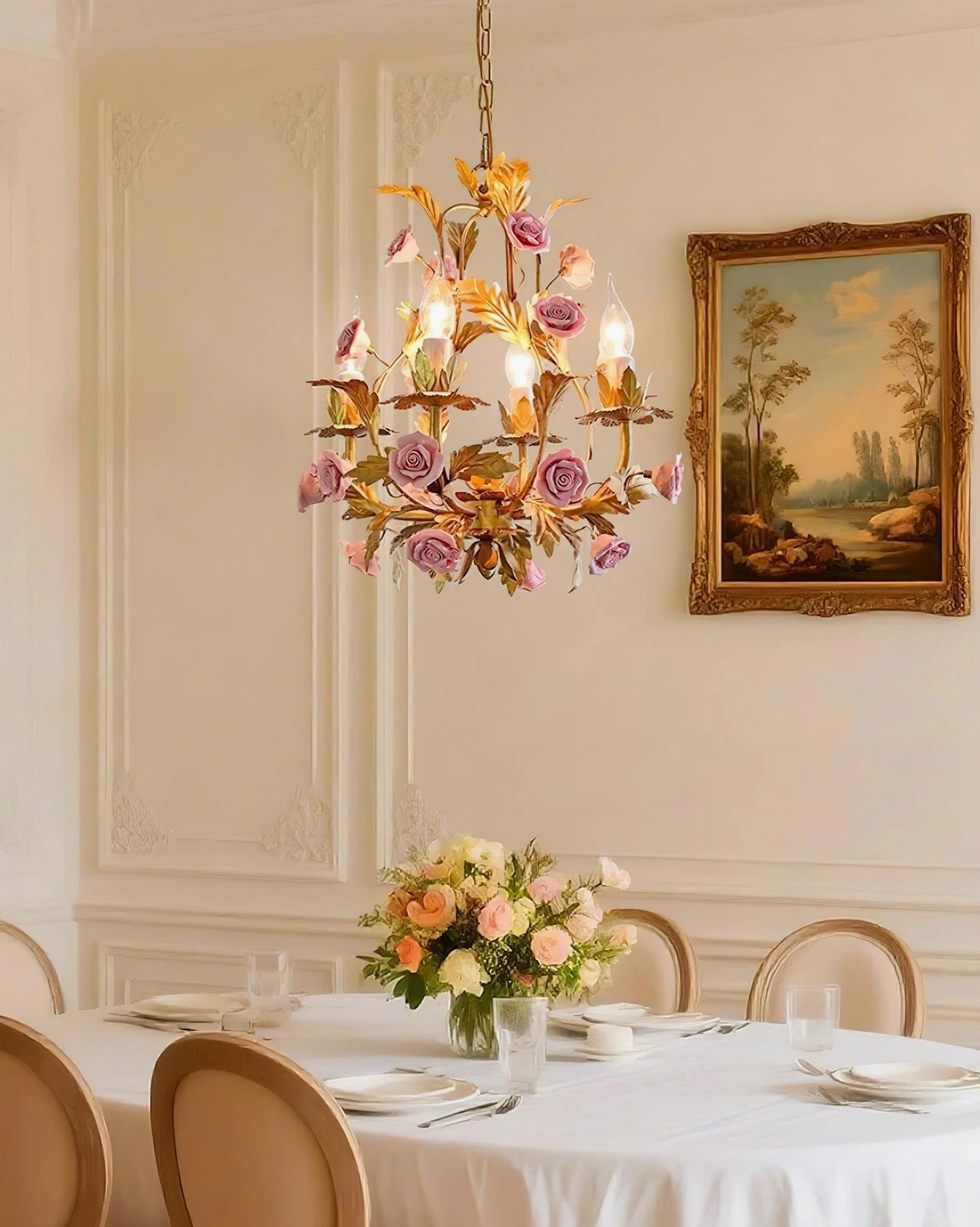 Valrosa floral chandelier installed in formal French dining room creating romantic romantic ambiance above elegant table