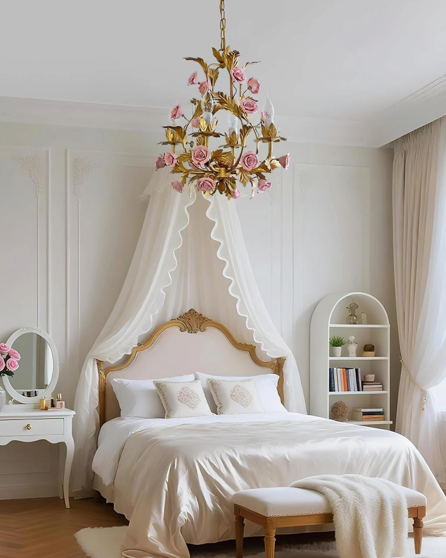 Romantic Valrosa botanical chandelier lighting elegant master bedroom with feminine vintage aesthetic and warm golden glow