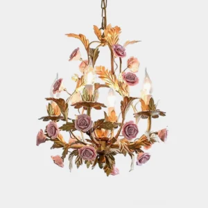 Valrosa pink floral ceramic chandelier with golden metal frame, overhead front view showcasing intricate botanical design