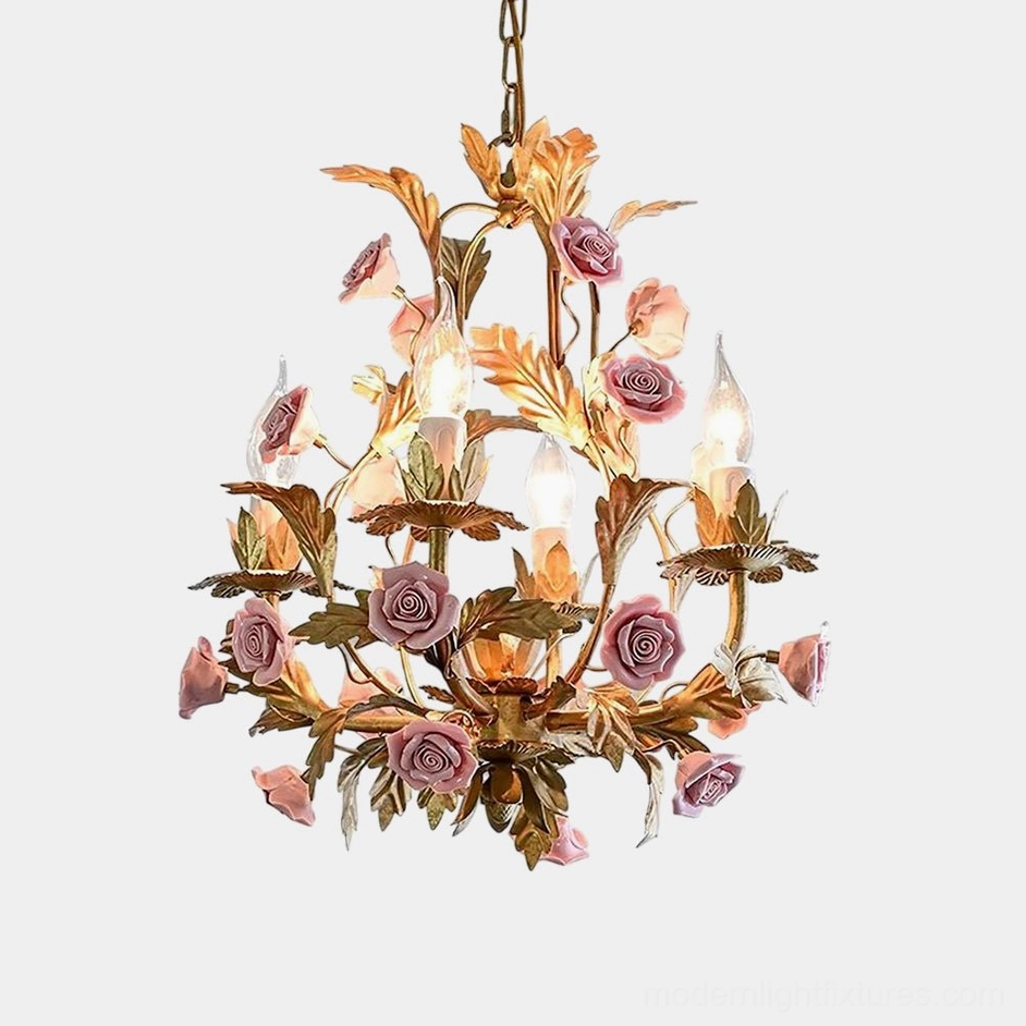 Valrosa pink floral ceramic chandelier with golden metal frame, overhead front view showcasing intricate botanical design