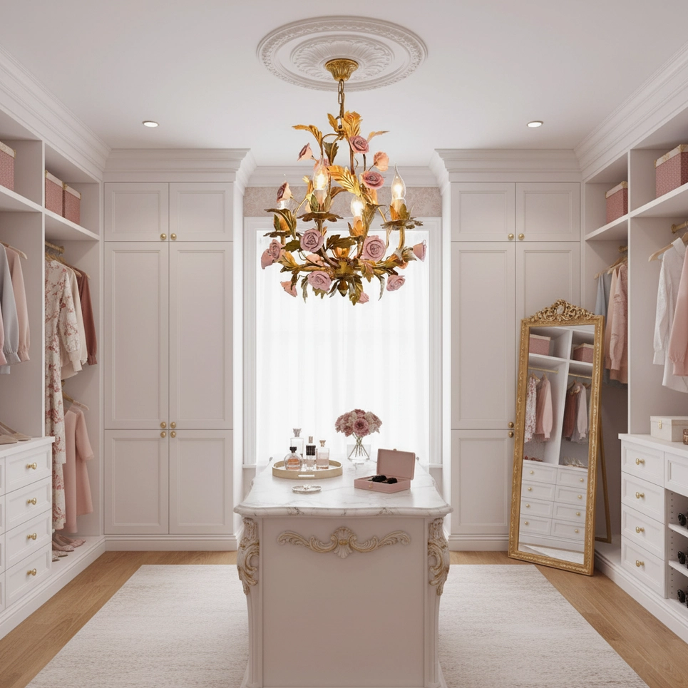 Hand-crafted Valrosa floral chandelier featuring delicate pink roses and ornate gold metal botanical framework