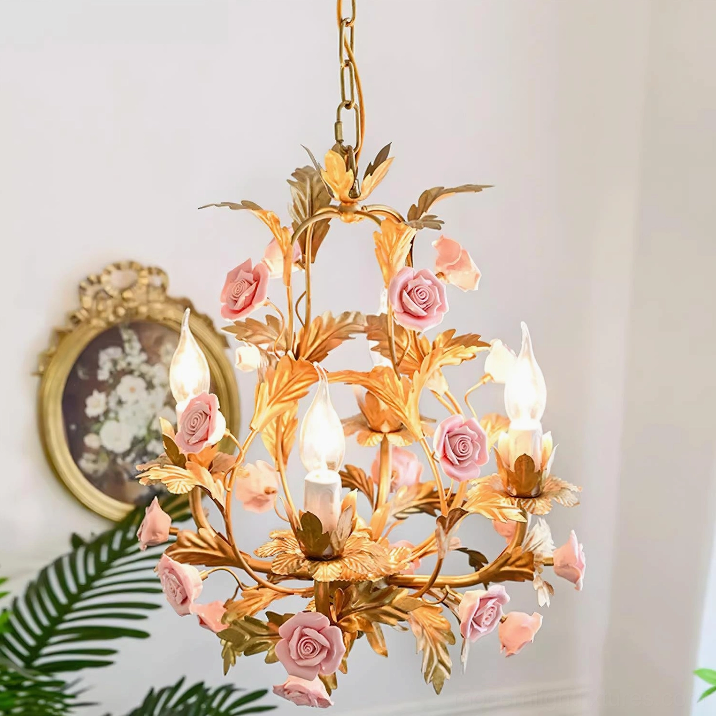 Valrosa pink rose chandelier creating poetic sanctuary of light and beauty in elegant interior space