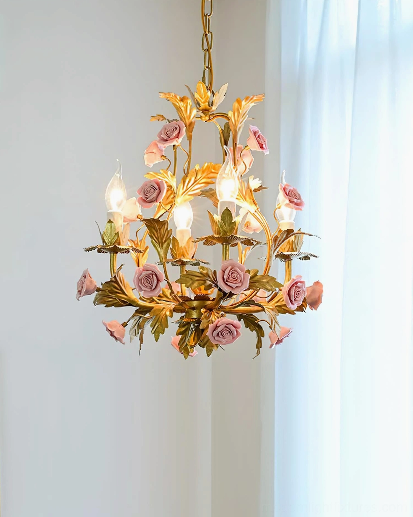 Sophisticated Valrosa botanical chandelier with golden metal framework and hand-molded ceramic floral accents