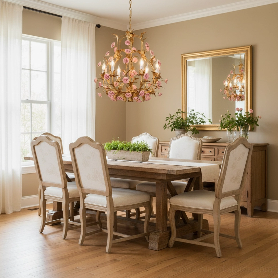 Valrosa botanical floral chandelier with symmetrical design displaying golden metal frame and ceramic rose accents