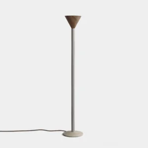 Valton modern minimalist floor lamp with light wood conical shade and chrome pole on white background