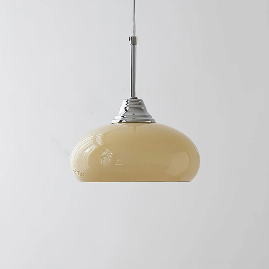 Vanilla pendant light smooth rounded beige glass shade with polished chrome suspension hardware
