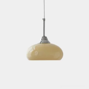 Vanilla retro pendant light with beige glossy glass dome shade and polished chrome hardware, front view