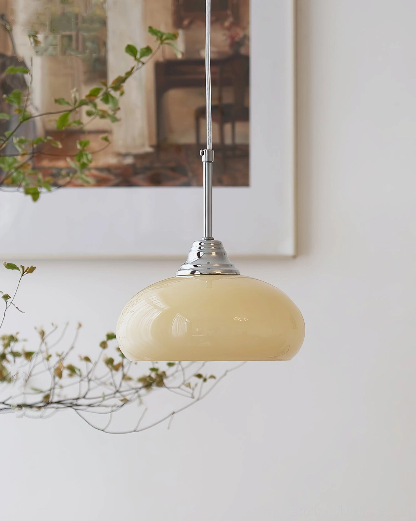 Vanilla pendant light complete fixture assembly showing glass shade metal hardware and suspension