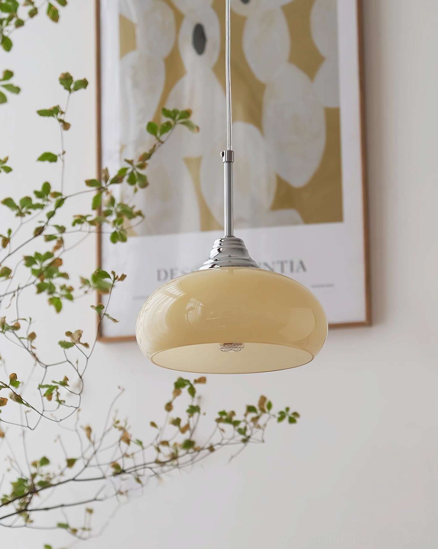 Vanilla retro pendant light in home interior setting, three-quarter view with decorative elements